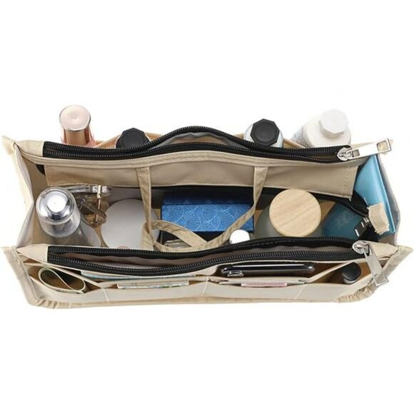 BTSKY Purse Organizer Insert Tote Bag High Capacity 13 Pocket Handbag Beige - Picture 2 of 8